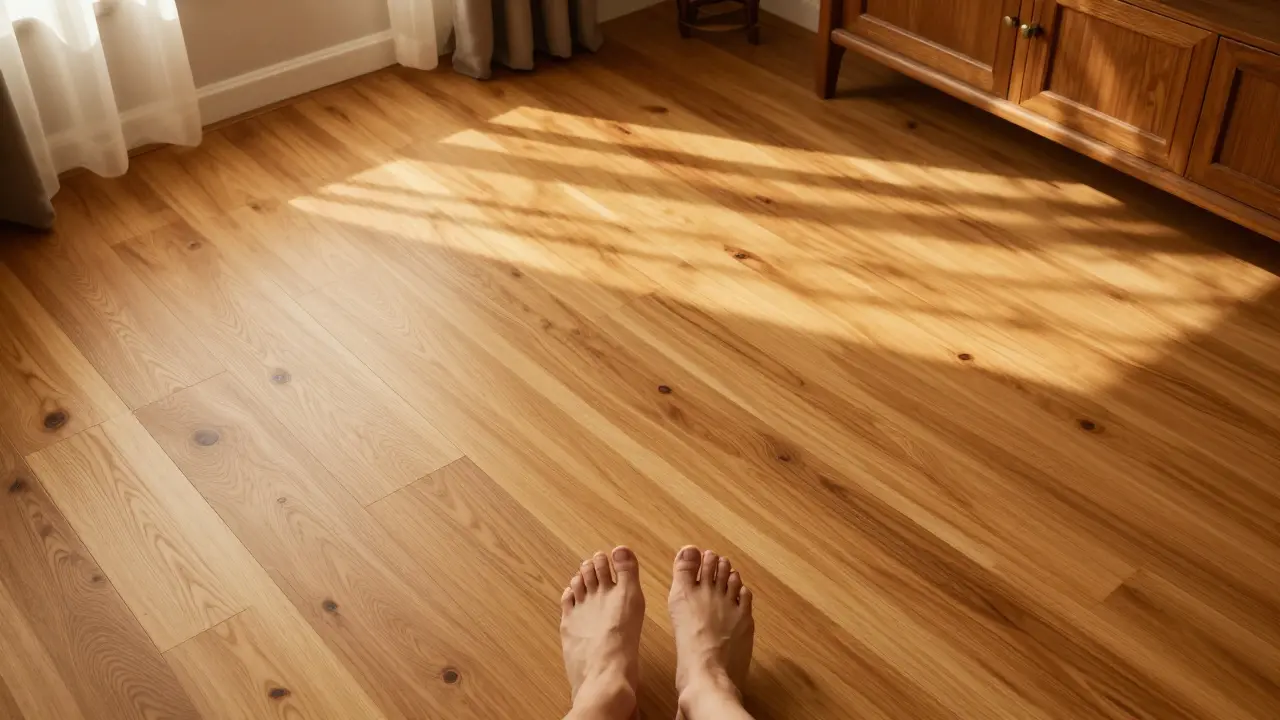 Fertiggestelltes Wohnzimmer mit neuem Holzboden, Sonnenlicht und barfüßiger Person