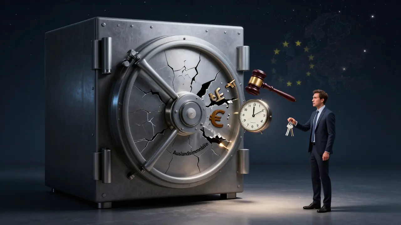 Geschlossener Safe mit Rissen, aus denen Währungs-, Rechts- und Zeitrisiken hervorbrechen, symbolische Darstellung.