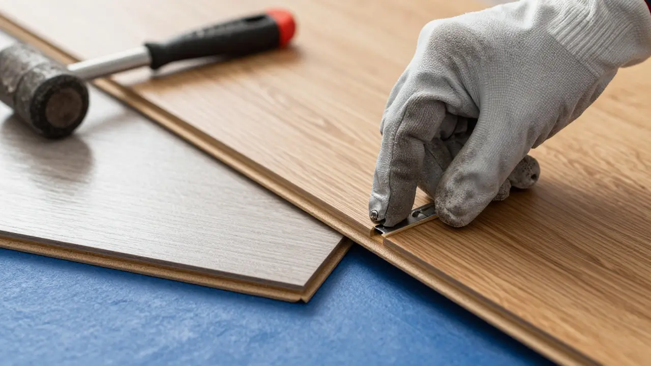 Hände montieren Klick-Fußboden neben Werkzeug und verschiedenen Bodenmaterialien