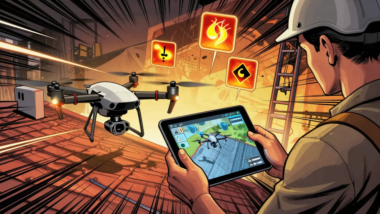 Handwerker bedient eine Drohne vom Boden aus, während ein digitales 3D-Modell des Daches auf einem Tablet angezeigt wird.