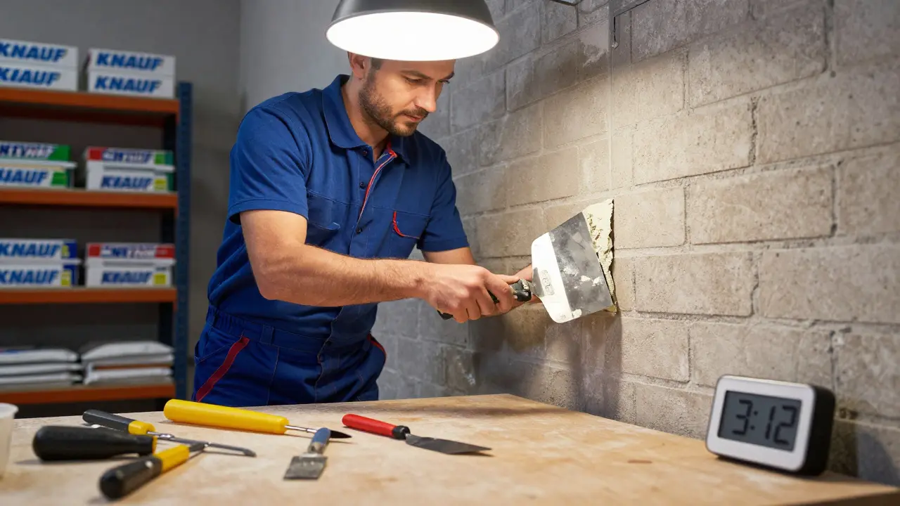 Handwerker repariert mit Schnellspachtel eine Rissstelle in einer Ziegelwand, das Material härtet sichtbar schnell aus.