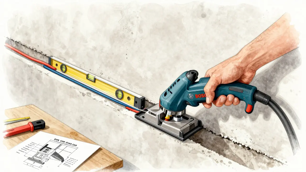 Heimwerker schneidet eine Nute in die Wand, um moderne Kabel für die Elektroinstallation zu verlegen.