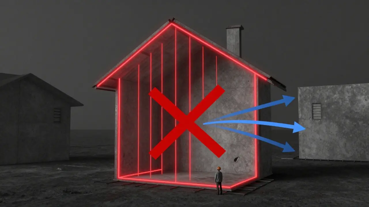 Konzeptionelle Darstellung der Lastverteilung in einem Haus: rote Lastlinien, gestrichelte X-Markierung und blaue Umleitungsströme durch eine geöffnete Wand.