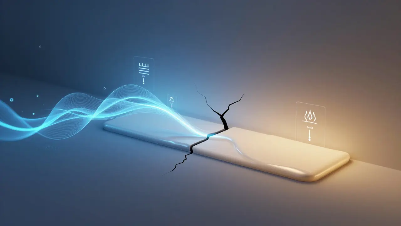 Konzeptuelle Darstellung intelligenter Spachtelmasse, die sich an Temperatur anpasst – halb flüssig, halb fest.