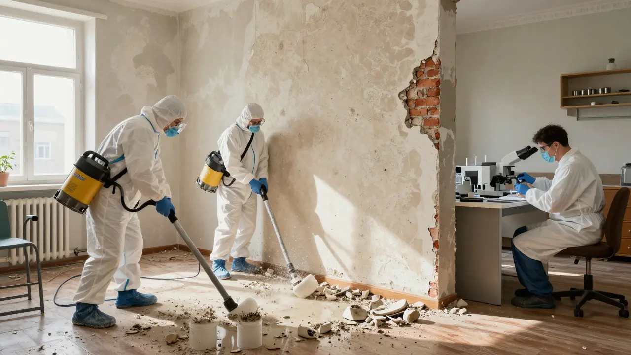 Professionelle Schimmelsanierung: Arbeiter entfernen kontaminierten Putz mit HEPA-Staubsaugern in einem alten österreichischen Wohnzimmer.