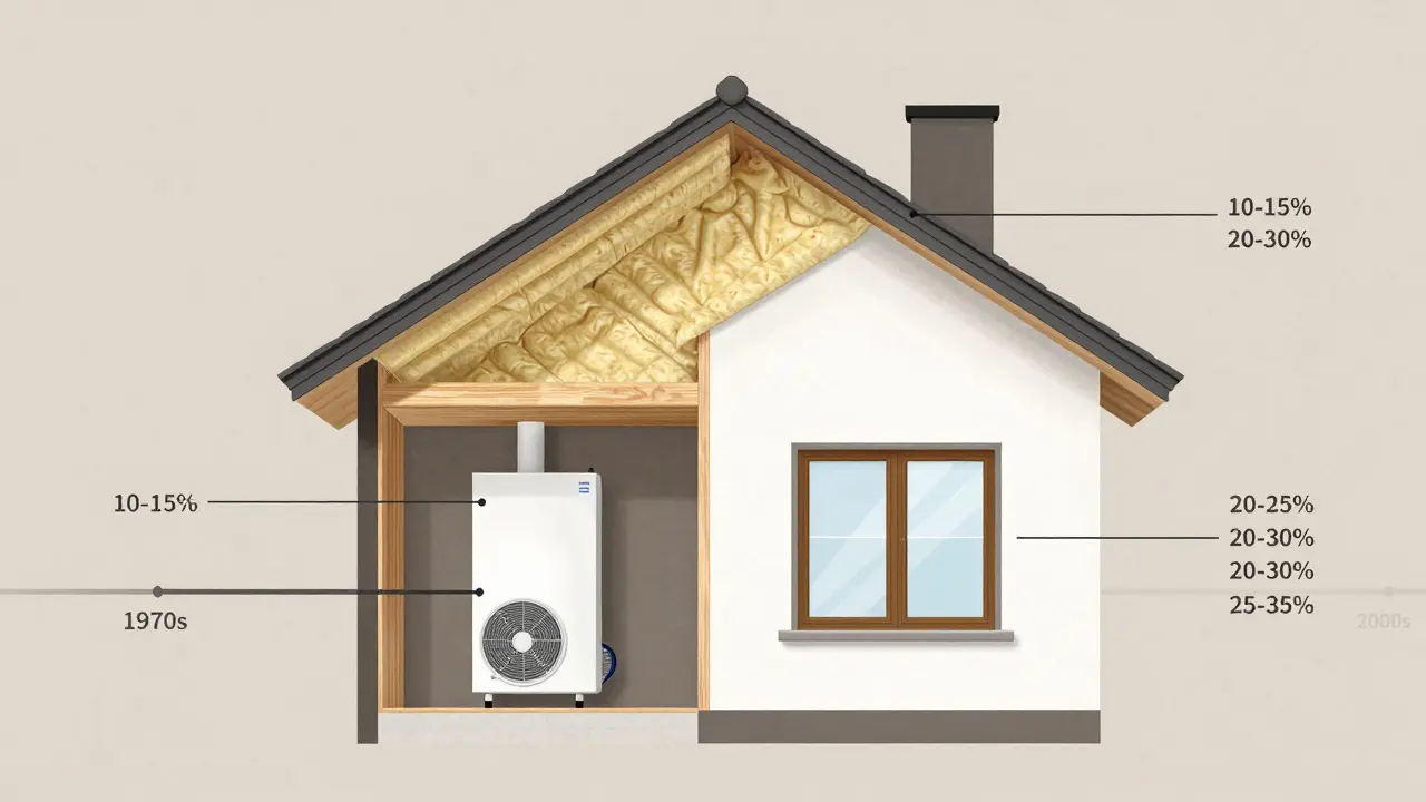 Schematische Aufteilung eines Hauses mit Dämmung, Wärmepumpe und neuen Fenstern sowie eingeblendeten Energieeinsparungen.
