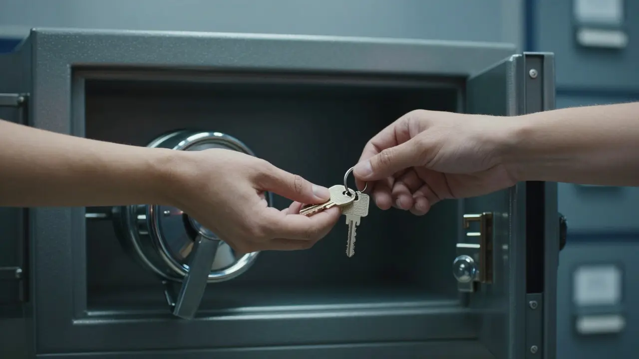 Schlüsselübergabe in einem sicheren Tresorraum für Immobilientransaktion.