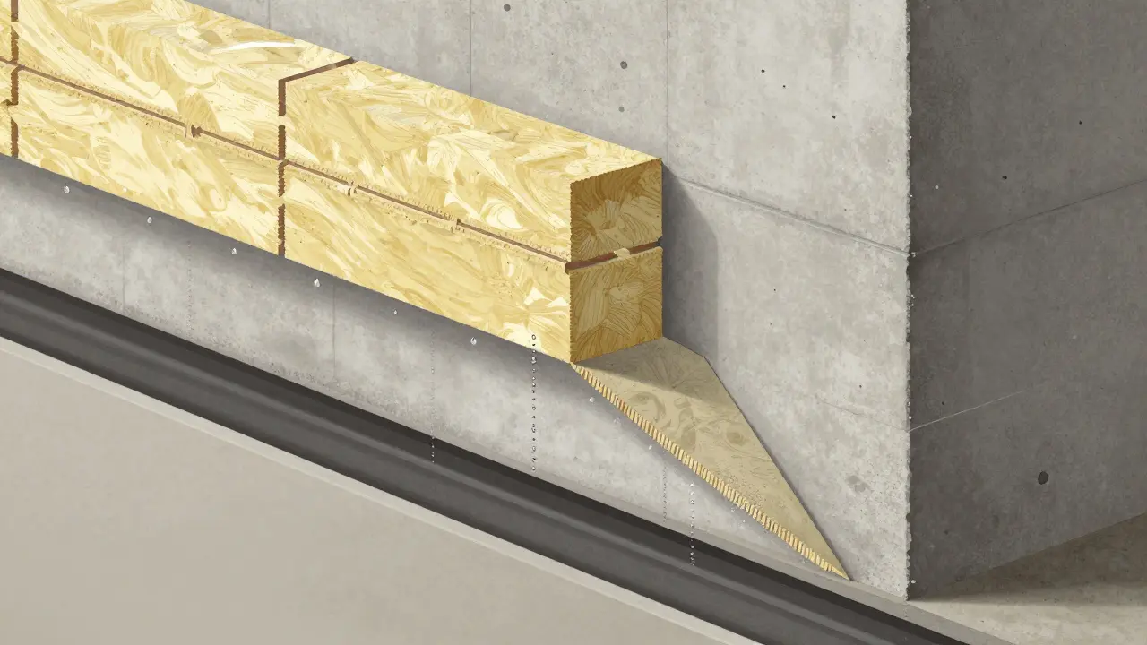 Schnittansicht einer perfekt installierten Perimeterdämmung mit abfließendem Stufenfalz und versetzten Fugen.