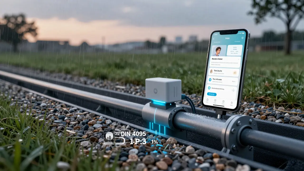 Smart drainage shaft with sensors monitoring water levels, surrounded by proper filtration layers under a rainy sky.