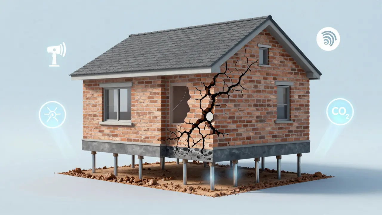 Transparente Ansicht eines stabilisierten Hauses mit Hebung durch Harz und Pfähle, während Risse sich schließen und Sensoren die Stabilität überwachen.