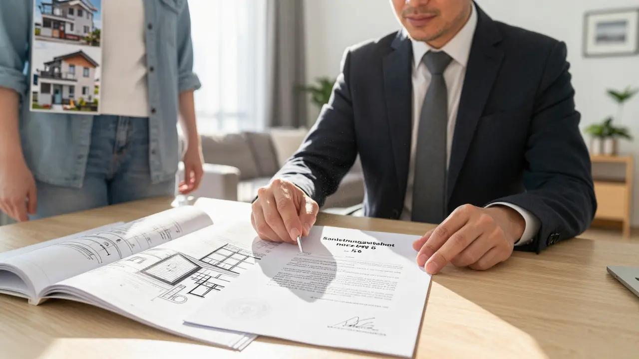 Unabhängiger Gutachter prüft ein Sanierungsgutachten nach IDW S 6 mit Plänen und Fotos.