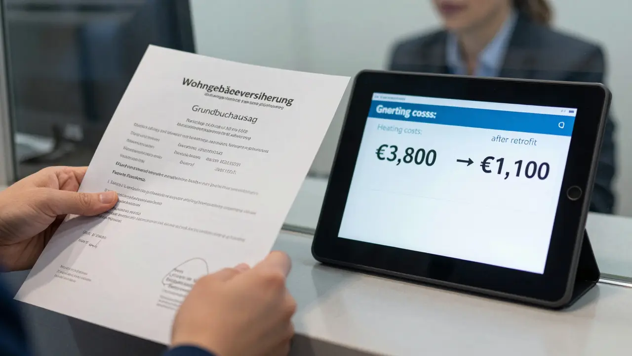 Unterlagen für Immobilienkredit: Versicherung, Grundbuch und Energieeinsparnachweis auf Banktheke.