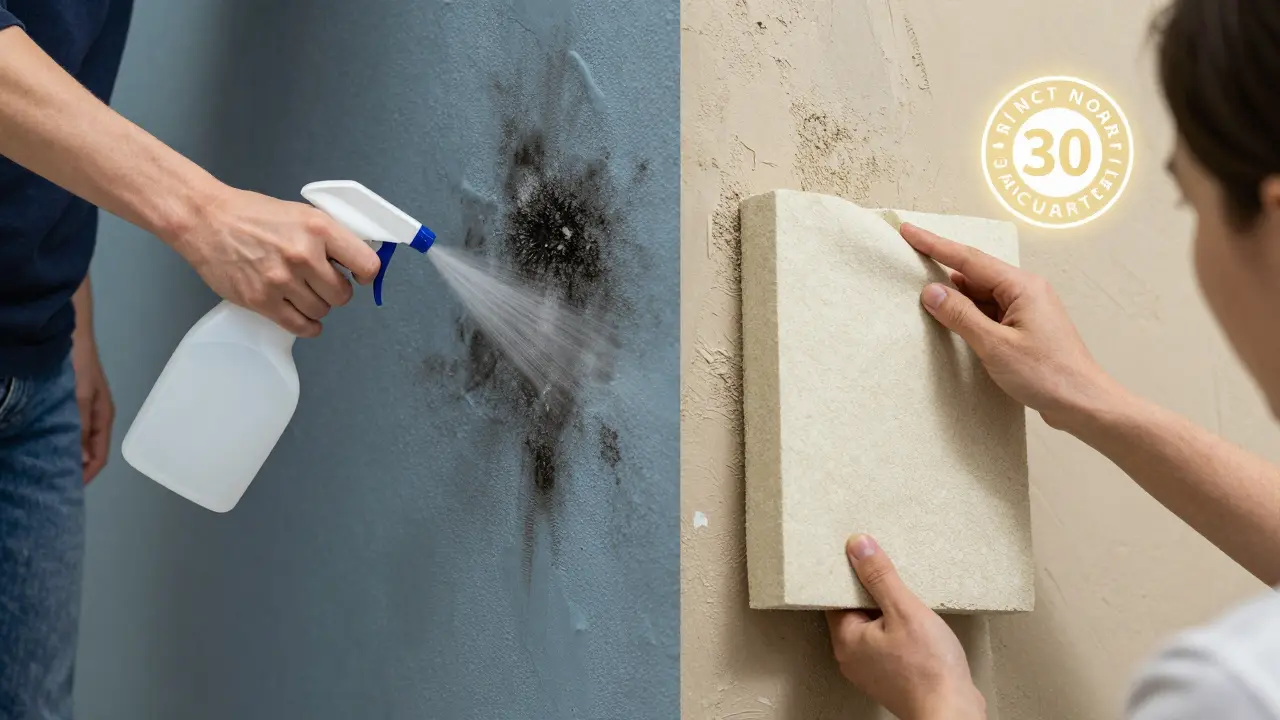 Vergleich: DIY-Schimmelbekämpfung links, NCT-Technologie mit diffusionsoffenem Kalkputz rechts.