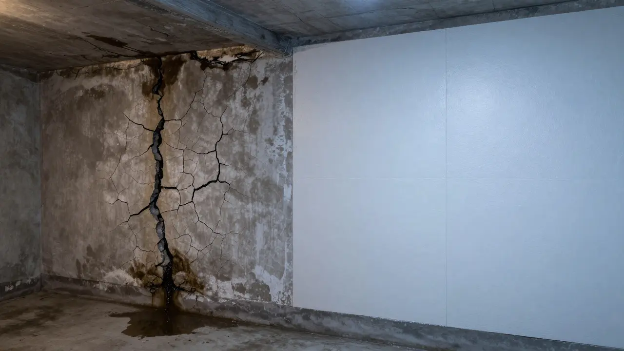 Vergleich: feuchte, schimmelige Kellerwand links vs. trockene, gedämmte Wand rechts.