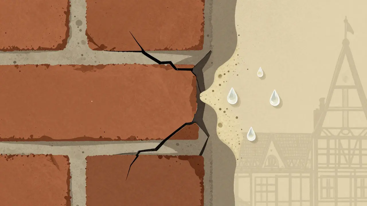 Vergleich von brüchigem Zementmörtel und atmungsaktivem Kalkmörtel in einer historischen Ziegelwand.