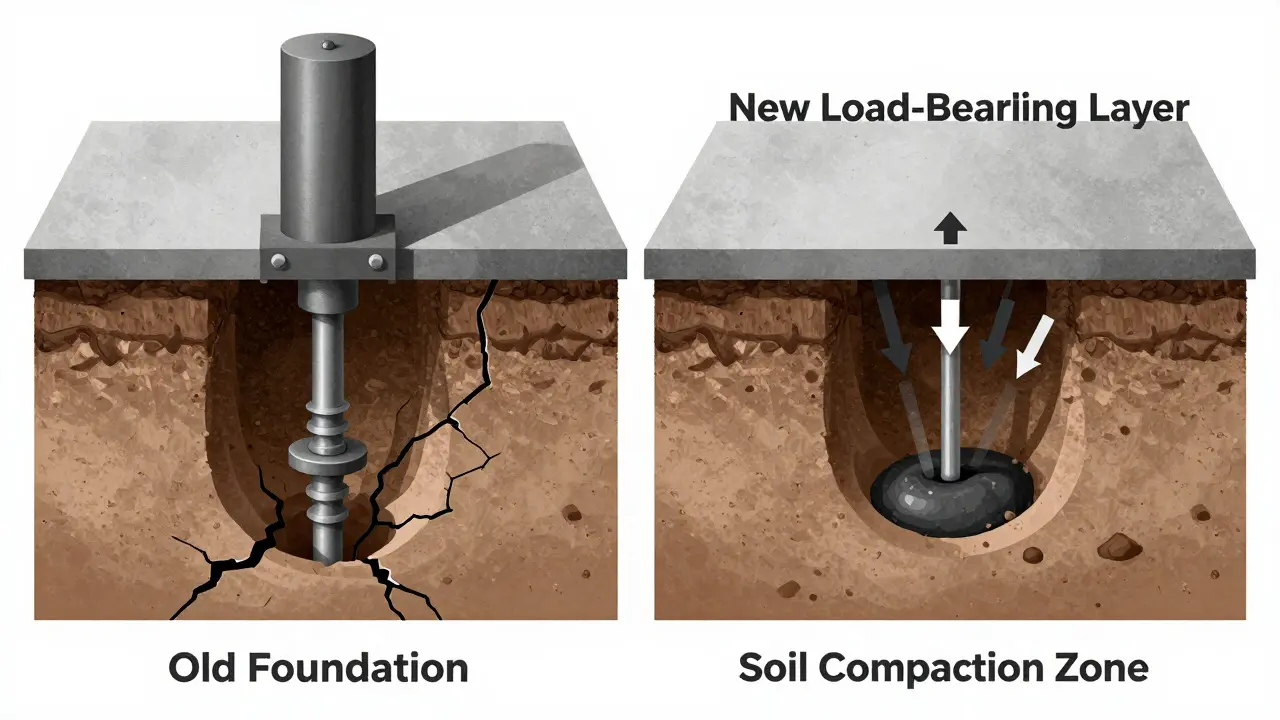 Vergleich zweier Untermauerungsmethoden: Segmentpfähle und Harzinjektion mit Lastverlagerung in tiefere Bodenschichten.