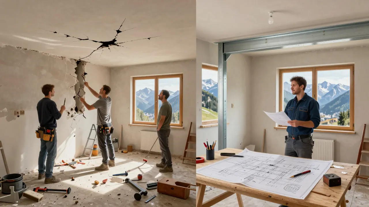 Vergleichsdarstellung: links chaotische DIY-Baustelle mit Rissen, rechts professionell instandgesetzte Wand mit Stahlträger und offizieller Genehmigung.