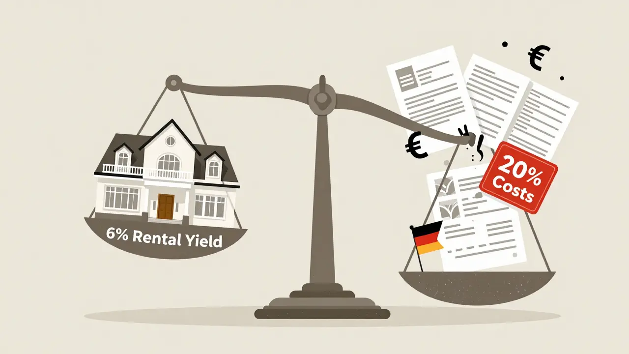 Waage mit Mietrendite und verborgenen Kosten wie Rechtsgebühren und Währungsverlusten, stilisierte Infografik.