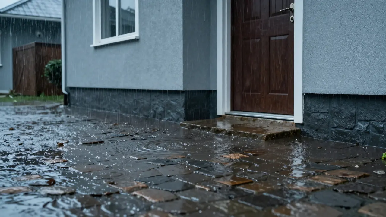 Wasseransammlung am Fundament eines Hauses bei Starkregen