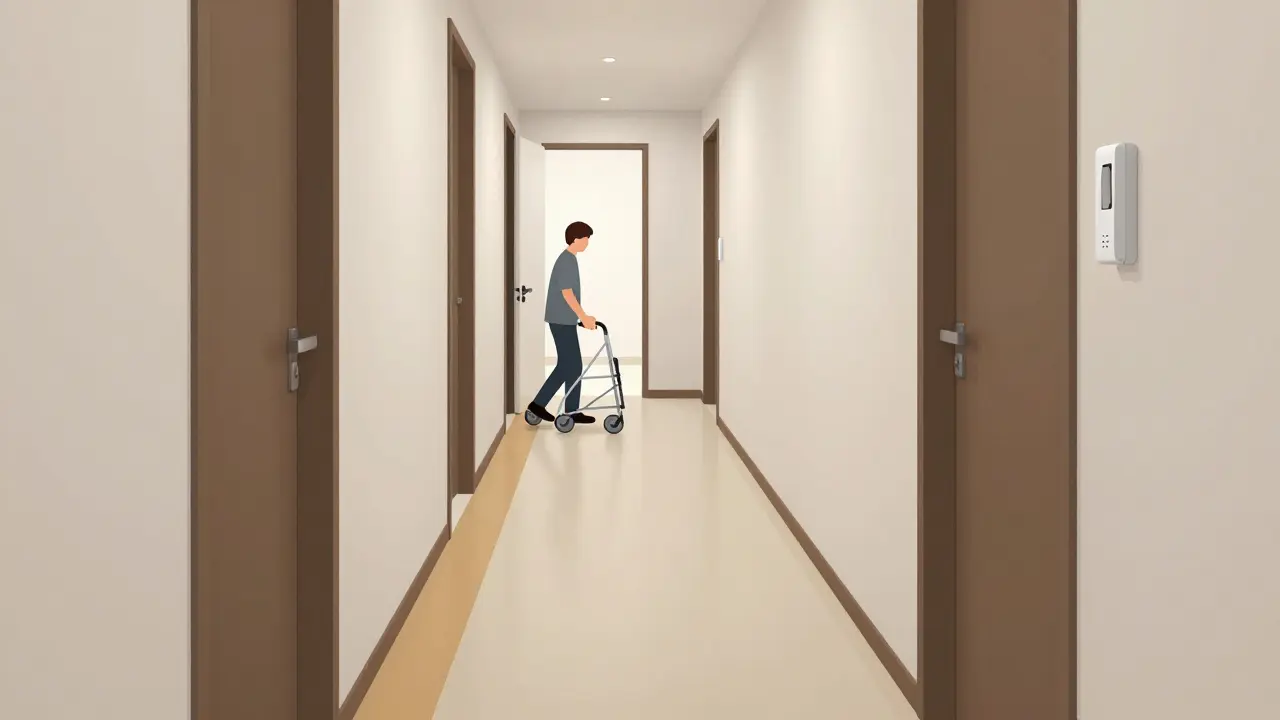 Weiter Flur ohne Schwelle mit Rollator und kontrastreichen Bodenmarkierungen.