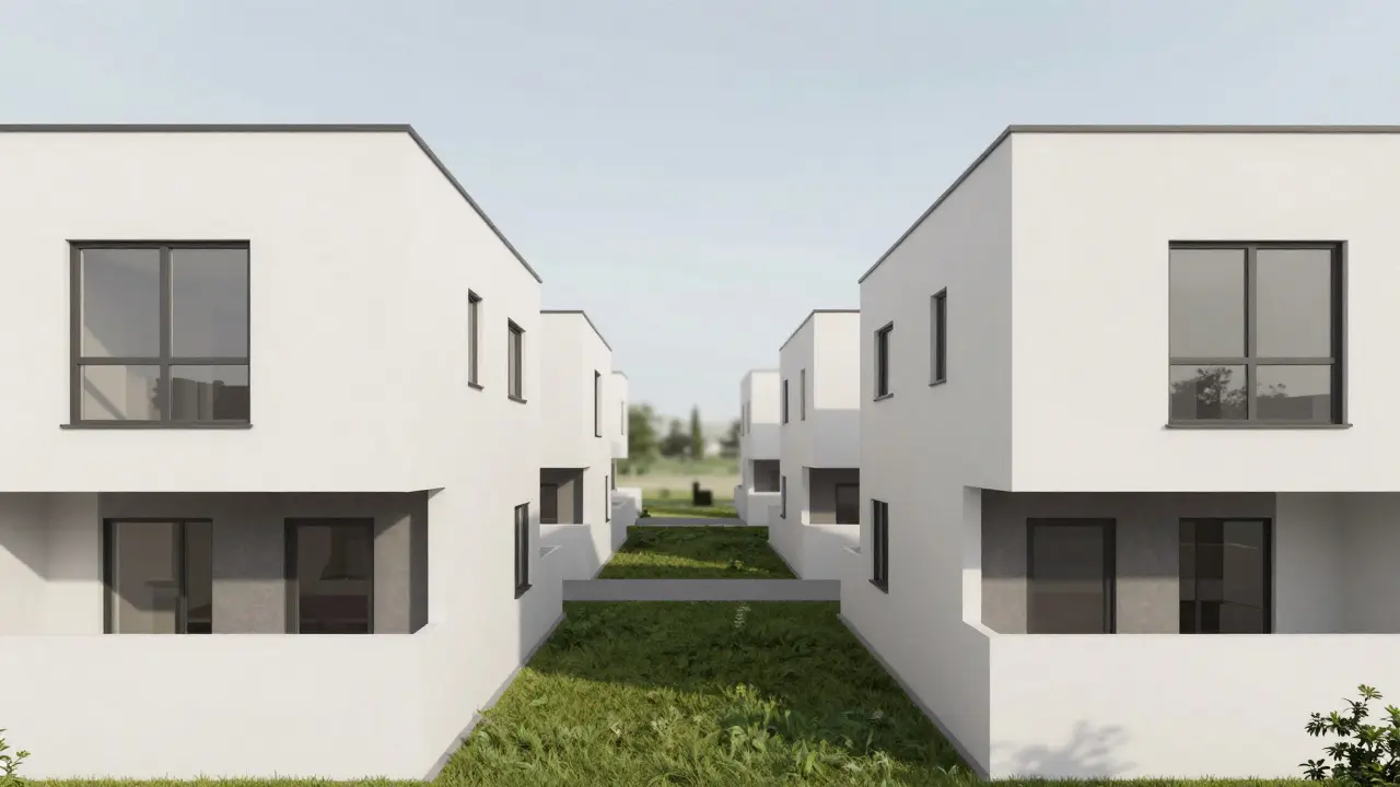 Zwei Häuser mit deutlichem Abstand zueinander an der Grundstücksgrenze.