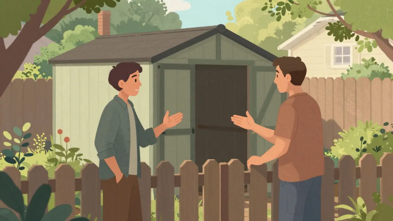 Zwei Nachbarn unterhalten sich friedlich am Gartenzaun bei Sonnenschein.