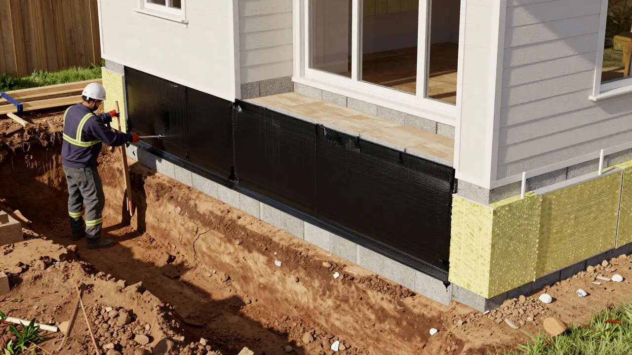 Bauarbeiter installiert Außenabdichtung und Perimeterdämmung an einem Fundament.