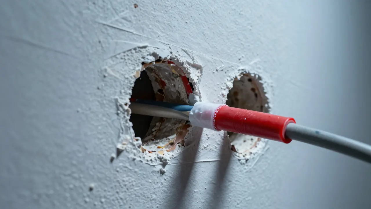 Detailansicht einer fachgerechten Brandschutzabschottung von Kabeln in einer Wand