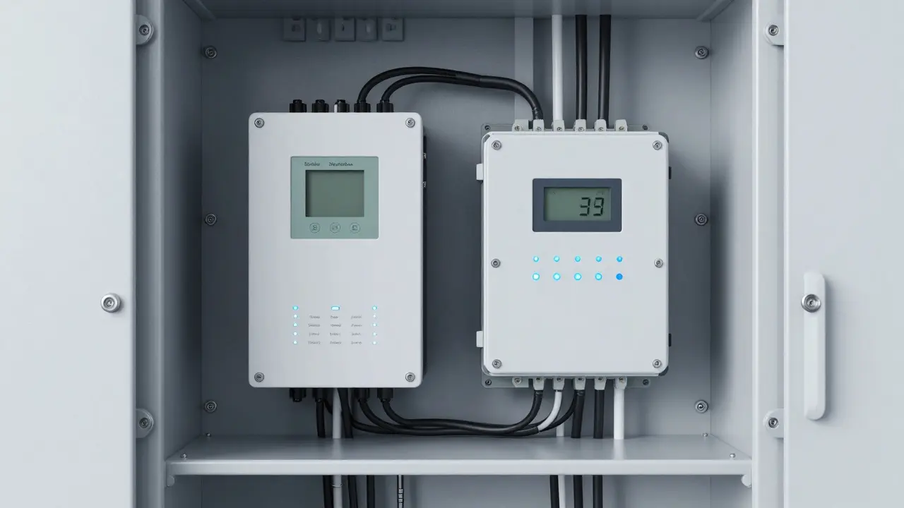 Detailansicht eines modernen Smart Meters und einer Steuerbox in einem Zählerschrank.