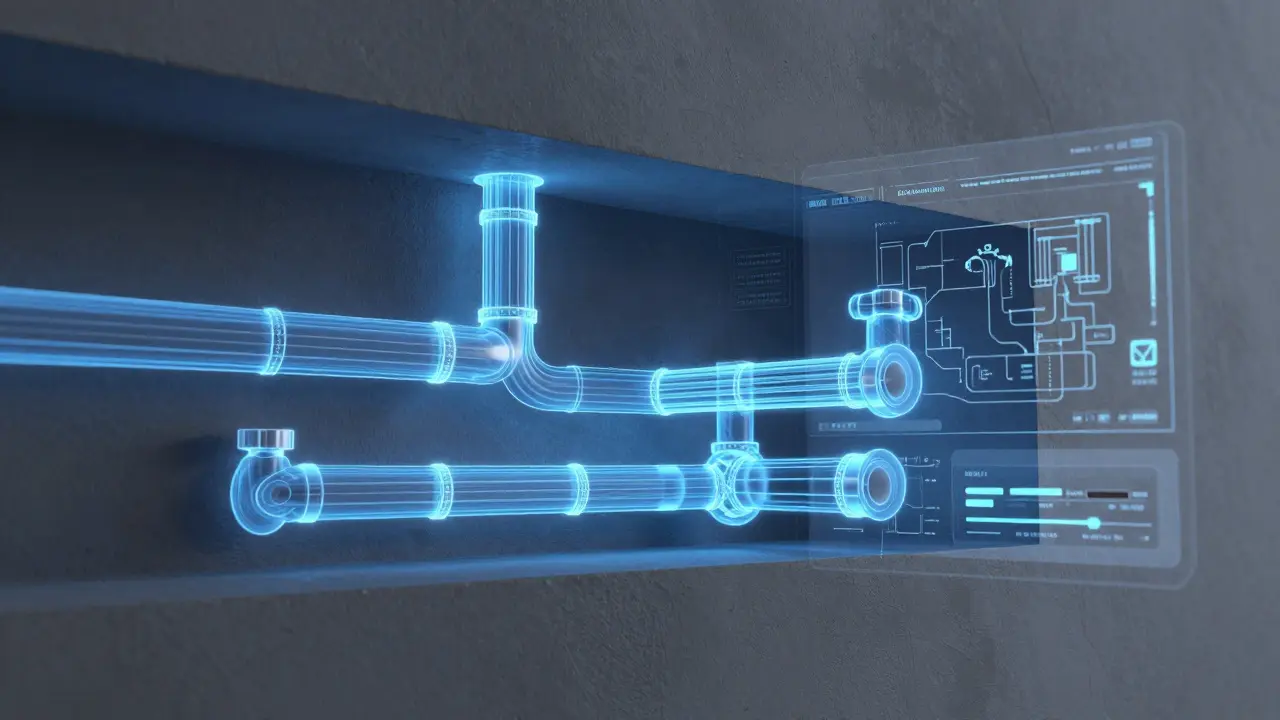 Digitaler 3D-Scan eines Wasserleitungsnetzes in einer Hauswand.