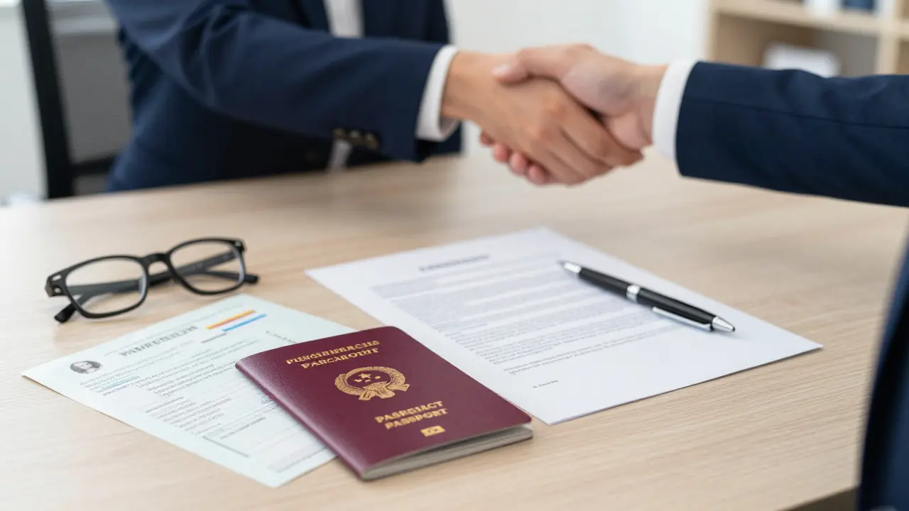 Dokumente wie Pass und Vertrag auf einem Tisch bei einem Immobilienkauf.