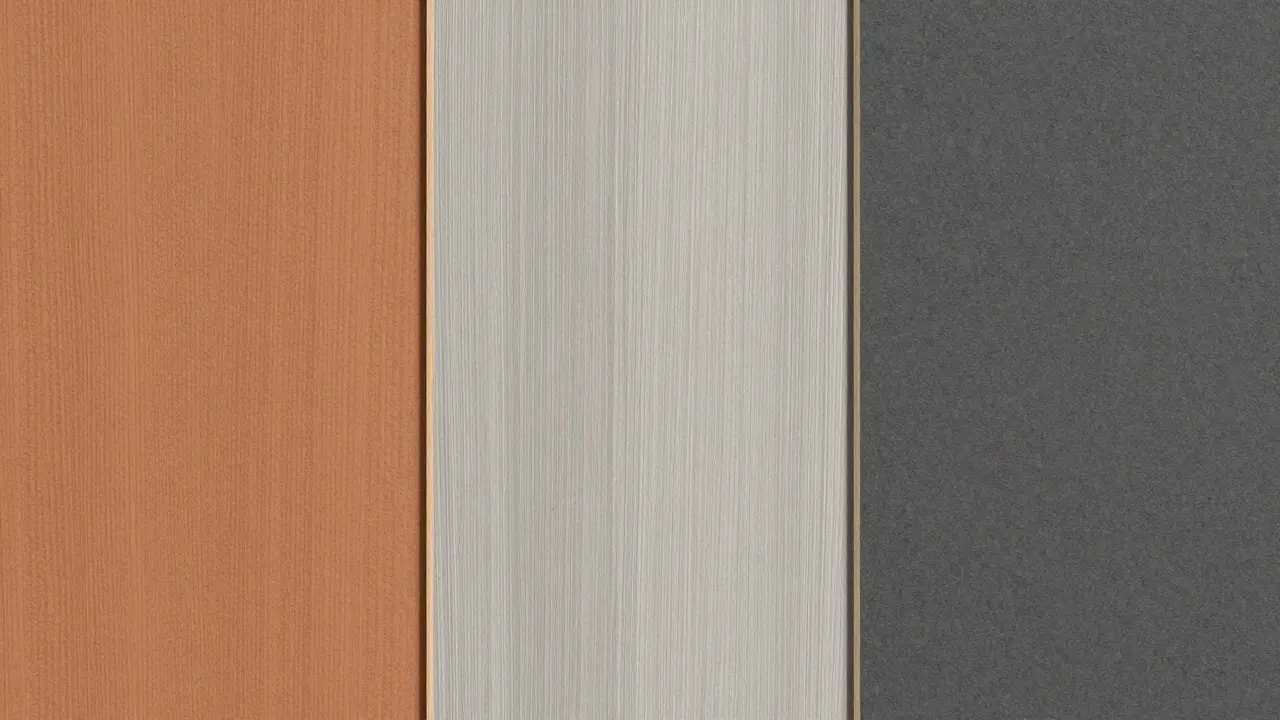 Drei verschiedene nachhaltige Bodenmaterialien: Linoleum, Polypropylen und Polymere.