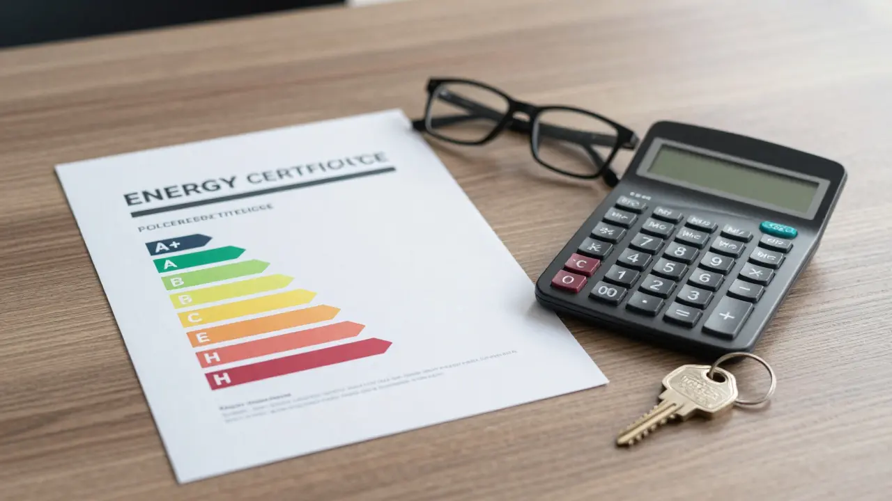 Ein Energieausweis mit Effizienzklassen auf einem Schreibtisch neben einem Hausschlüssel.