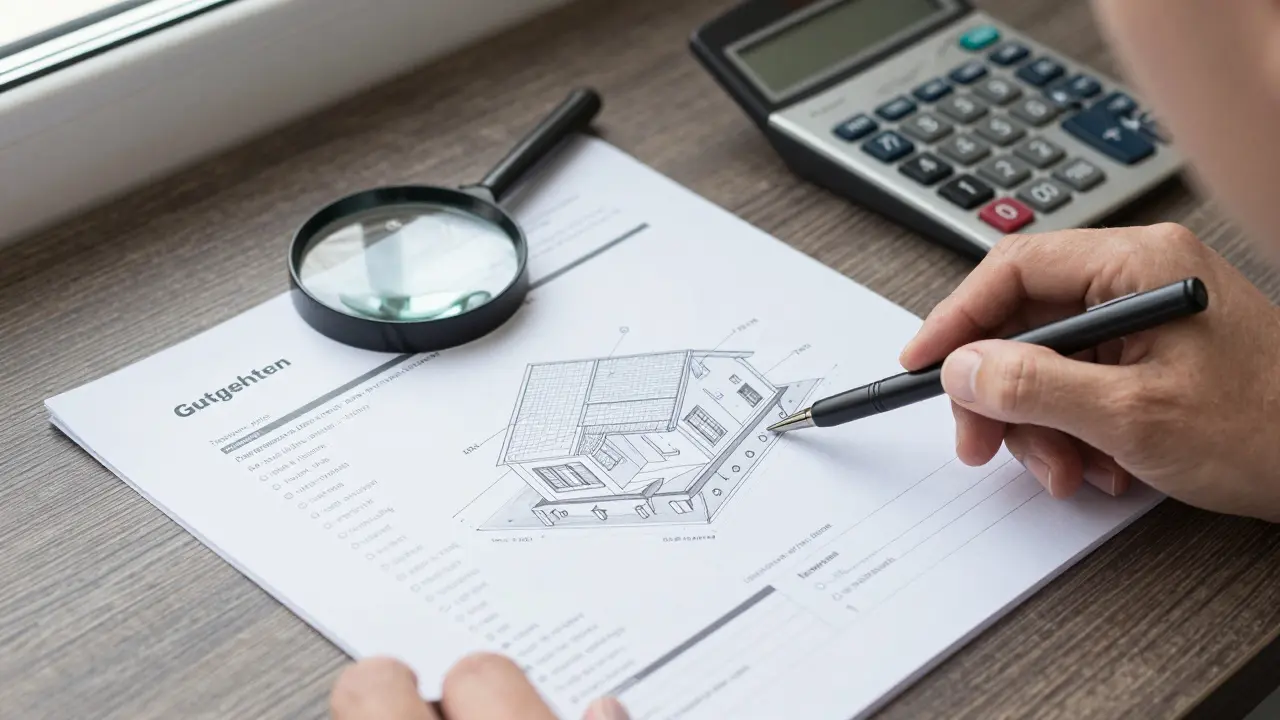 Ein Immobilienbewertungsbericht mit Lupe und Rechner auf einem Schreibtisch zur Wertermittlung.