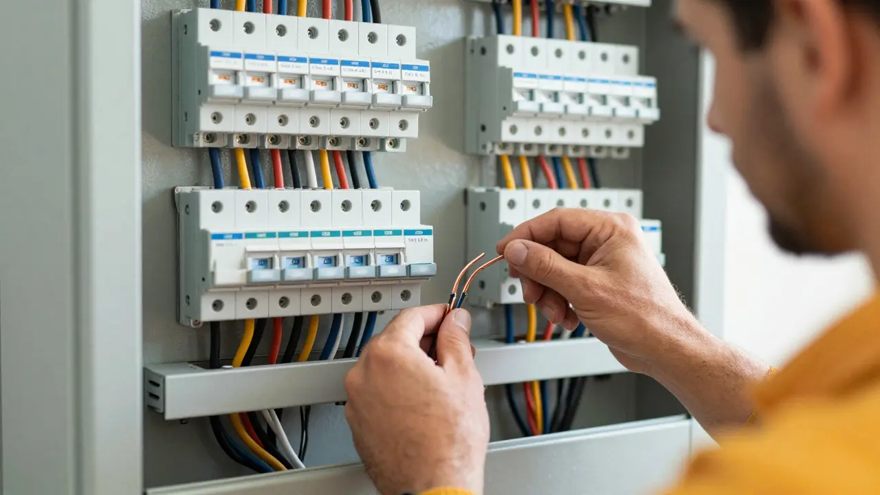 Elektriker installiert Überspannungsschutz und Schalter in einer neuen Zwei-Feld-Anlage.