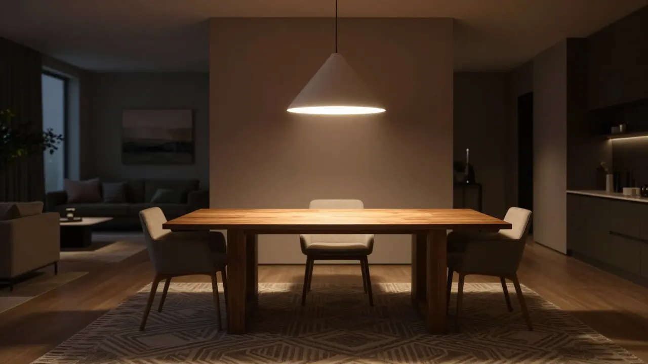 Essbereich mit geometrischem Teppich und einer fokussierten Pendelleuchte als Lichtinsel.