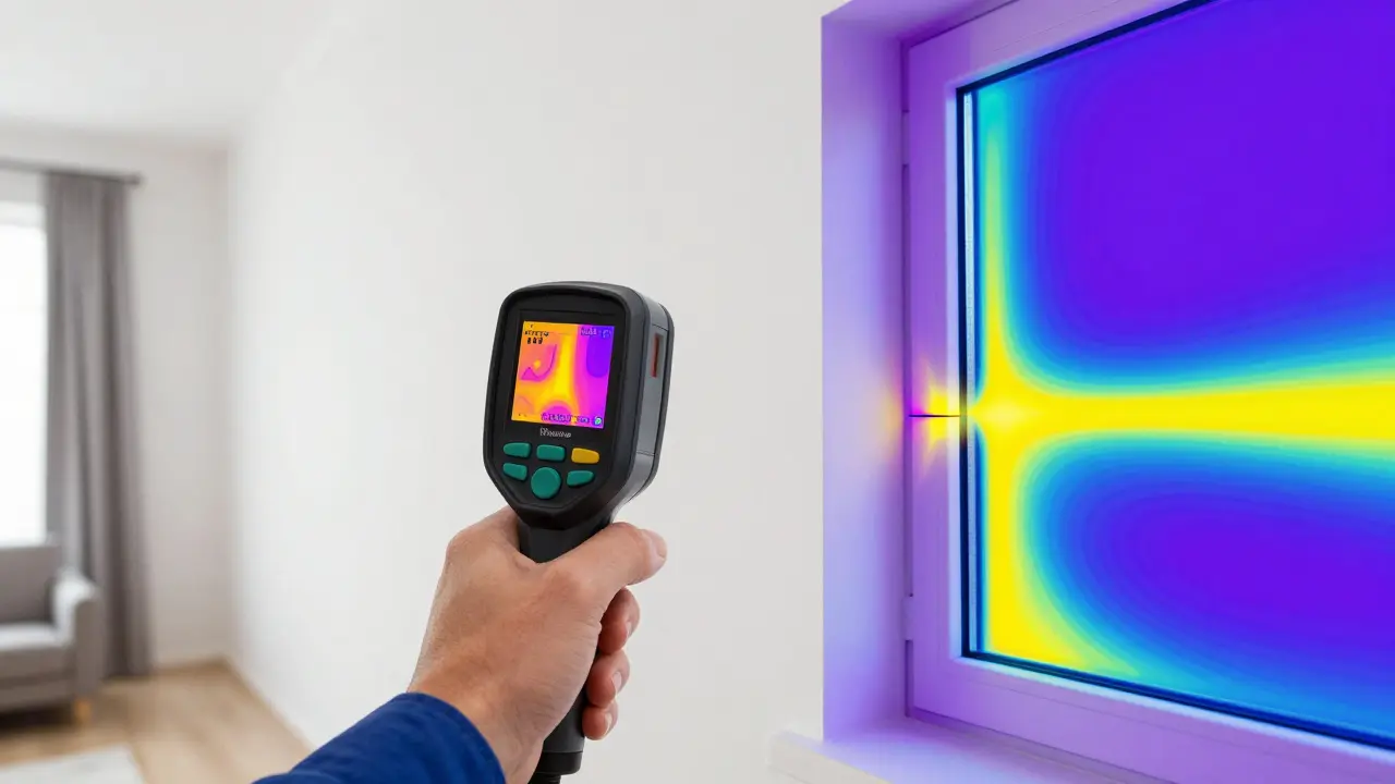 Experte nutzt eine Wärmebildkamera zur Analyse von Kältebrücken an einer Hauswand.