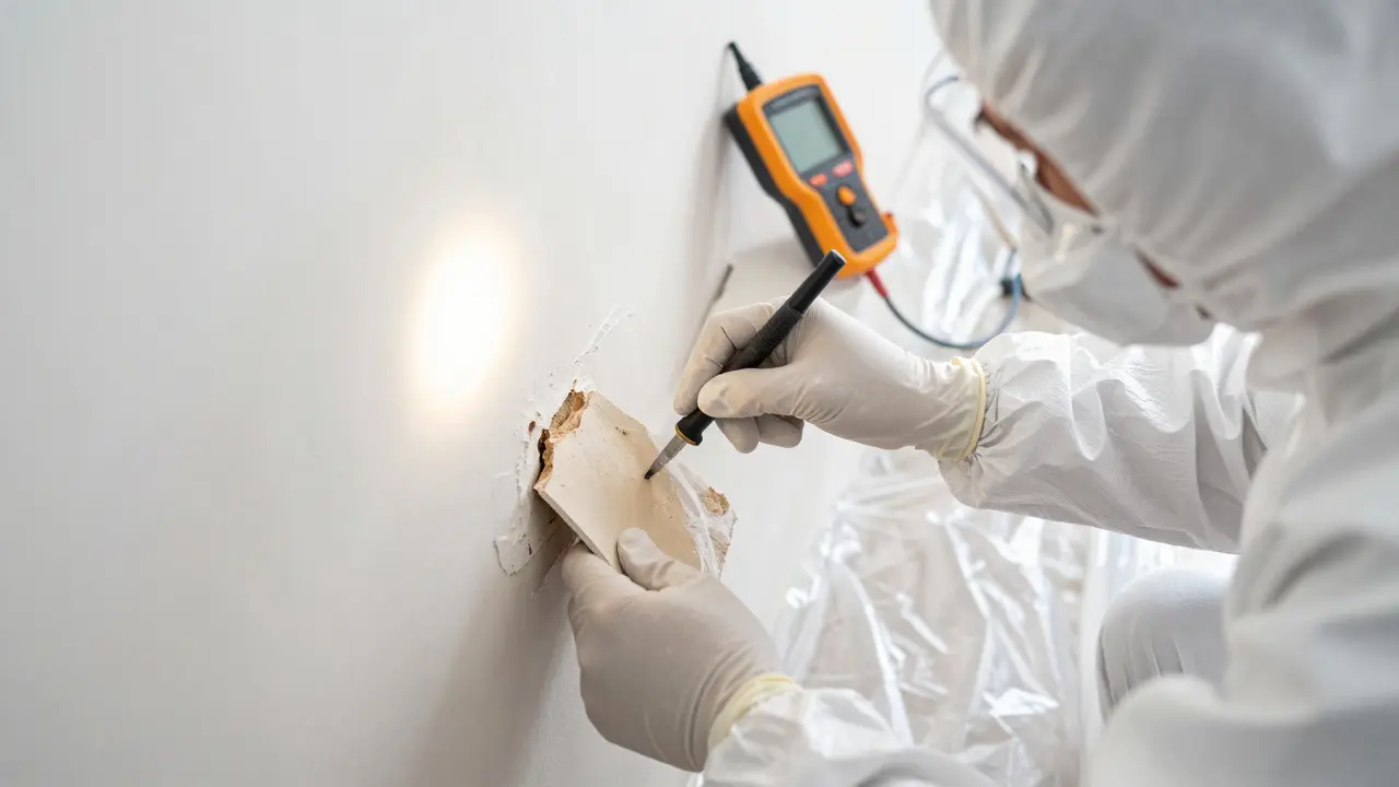 Fachgerechte Entfernung befallener Gipskartonplatten durch einen Experten in Schutzkleidung.