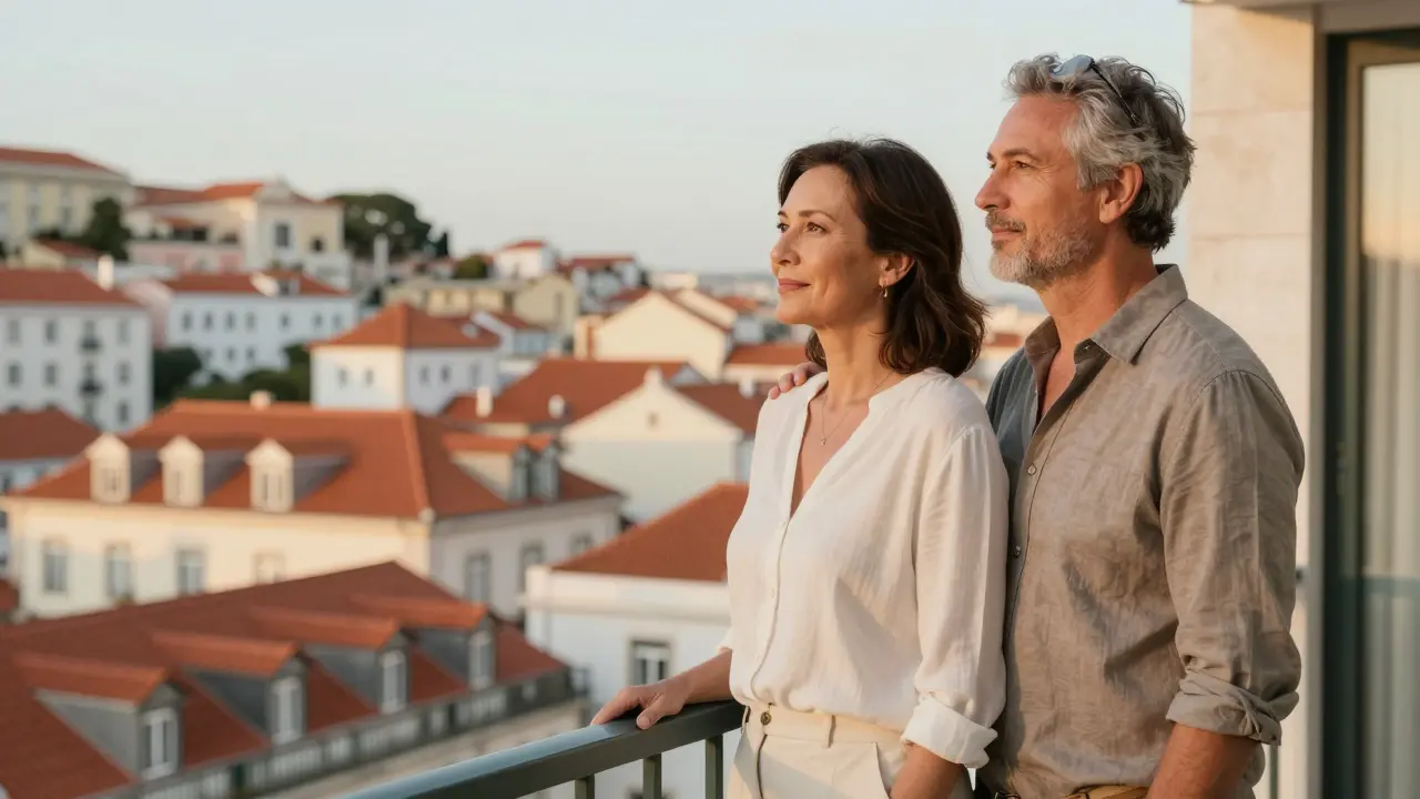 Glückliches Paar auf einem Balkon mit Blick über die Dächer von Lissabon.