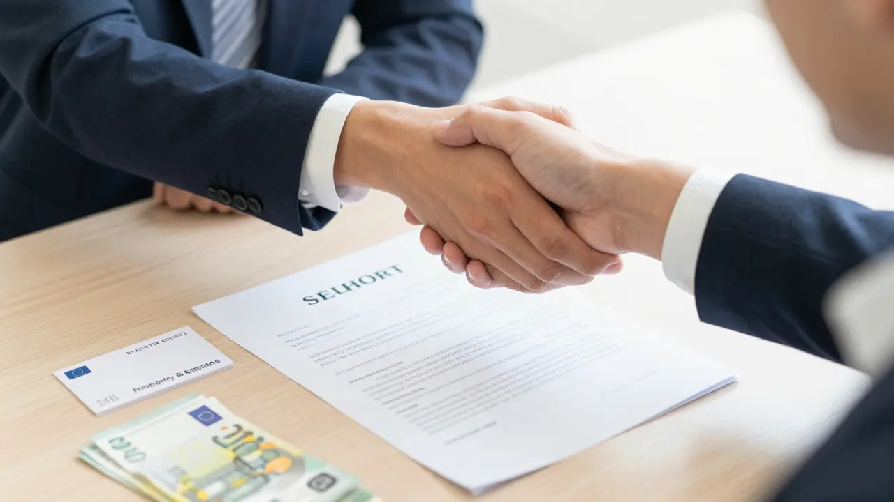 Händedruck zwischen Verkäufer und Käufer über einem Kaufvertrag