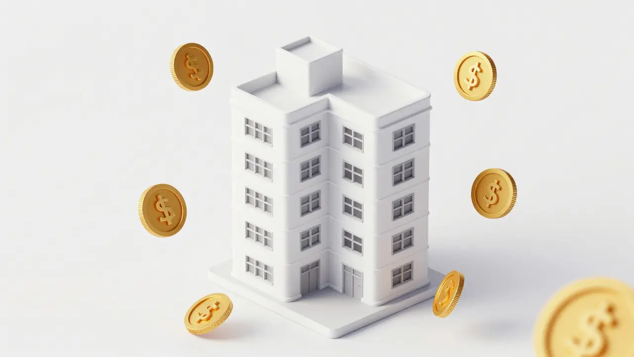 Isometrische Darstellung eines Apartmenthauses mit Kostenverteilung