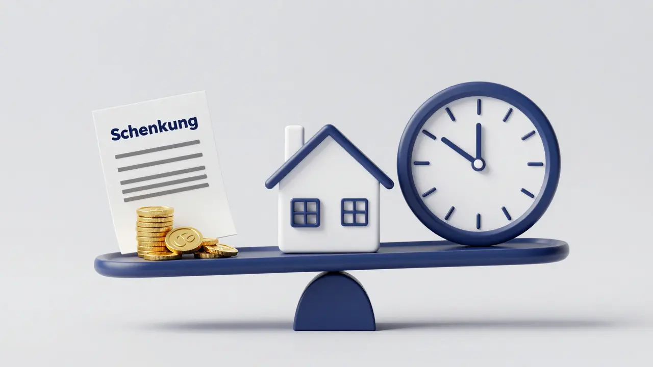 Konzeptbild einer Waage mit einem Haus und goldenen Münzen zur Illustration von Schenkungssteuern.