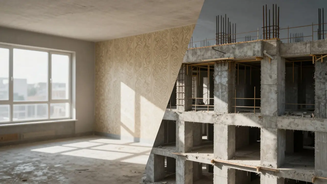 Konzeptbild eines fertigen Apartments im Kontrast zu einem unfertigen Betonskelett.