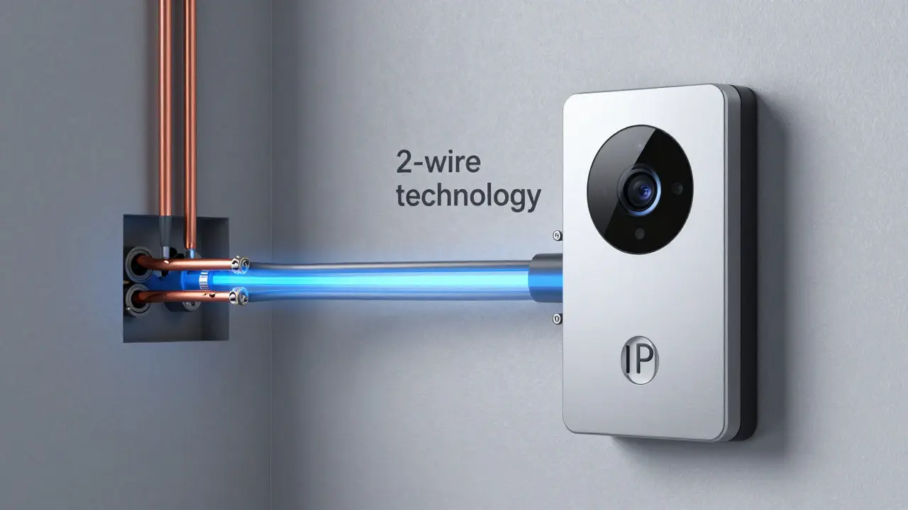 Konzeptgrafik einer modernen IP-Türsprechanlage mit 2-Draht-Technik