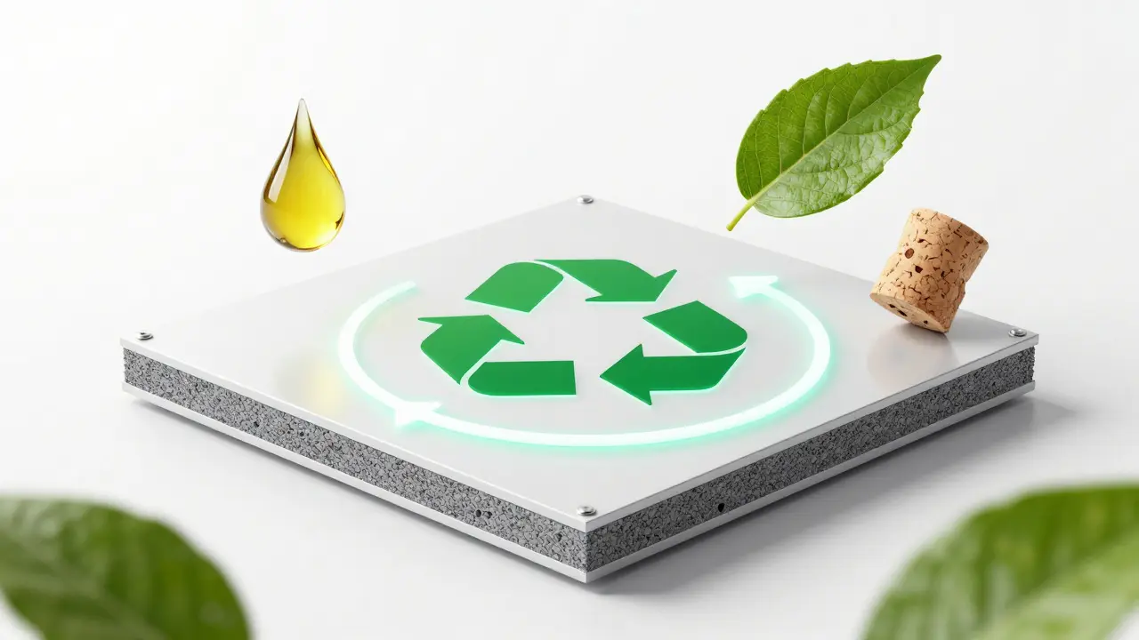 Konzeptgrafik zur Kreislaufwirtschaft und Recycling von ökologischen Bodenbelägen.