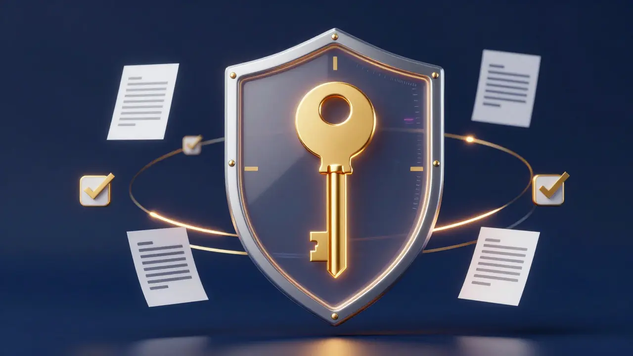 Konzeptuelle Darstellung eines digitalen Schutzes für einen Hausschlüssel während des Kaufprozesses.