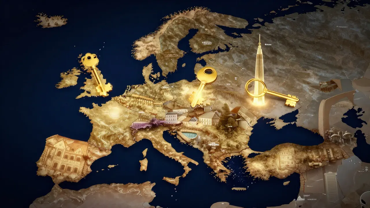 Konzeptuelle Weltkarte mit goldenen Schlüsseln über Europa und den VAE.