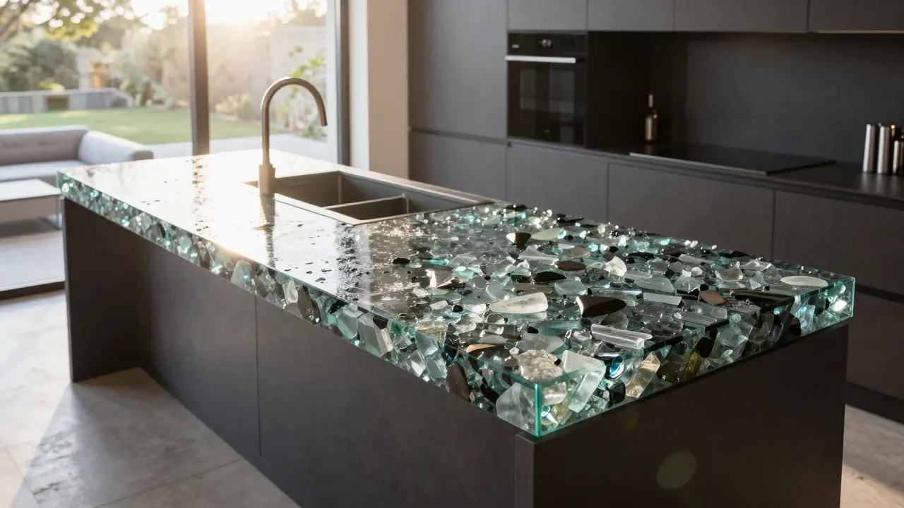 Moderne Küche mit einer nachhaltigen Arbeitsplatte aus recyceltem Glas und Harz.