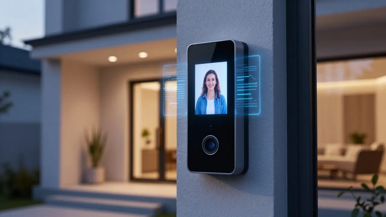 Moderne Video-Klingel mit KI-Gesichtserkennung an einer Hausfassade