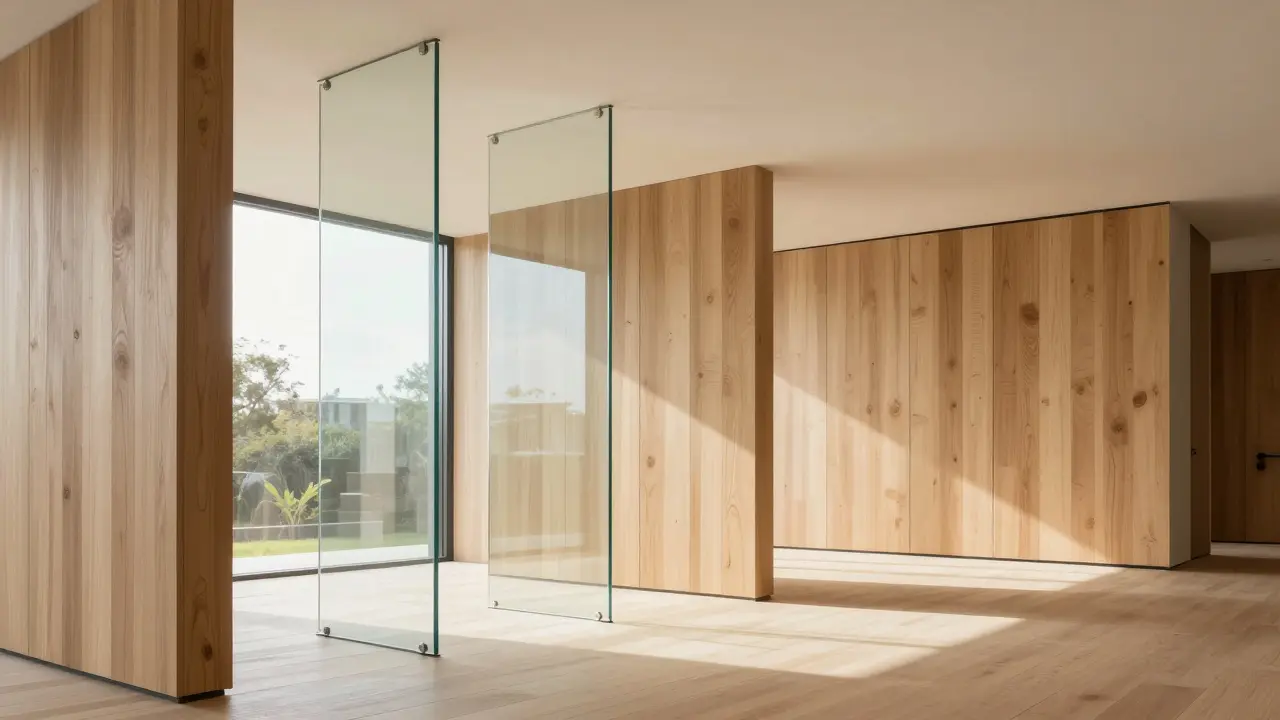 Moderner Innenraum mit ökologischen Holzwänden und Brandschutzverglasung